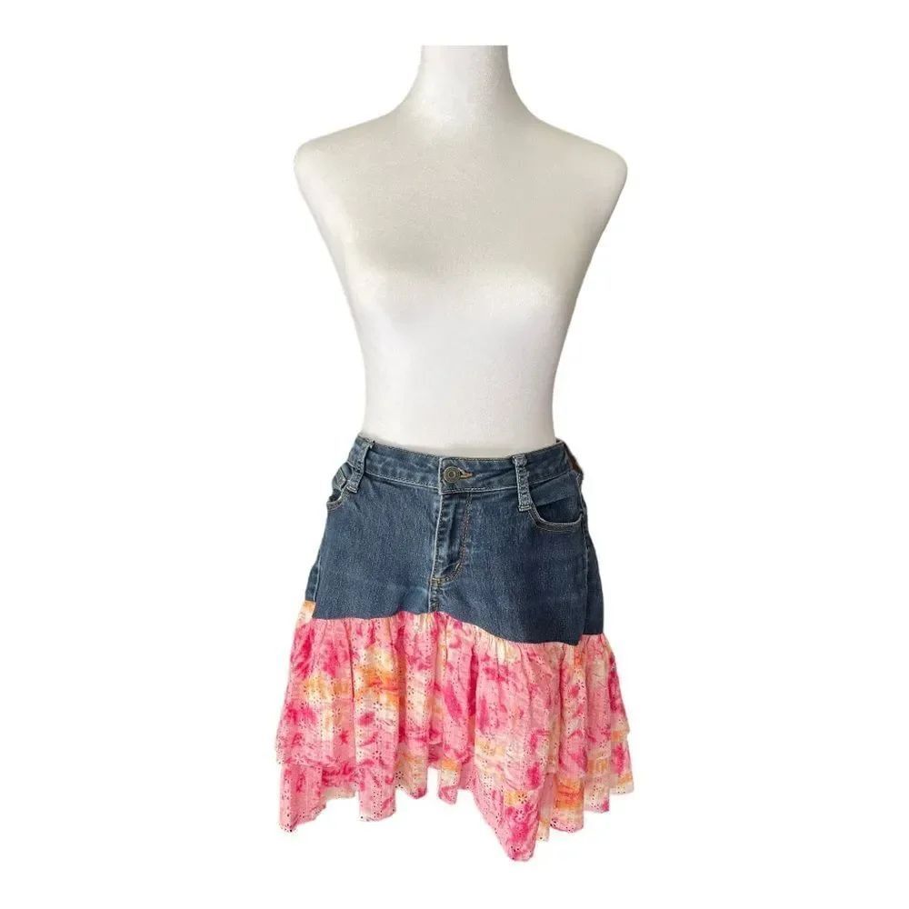 Arizona Jeans Co Western Cowgirl Tiered Print Skirt Denim Upper Juniors Sz 11